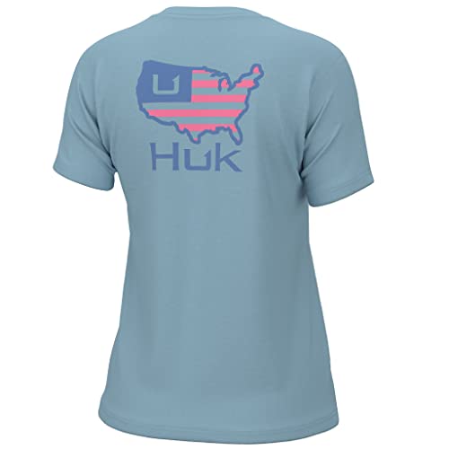HUK Camiseta feminina padrão manga curta para desempenho, camiseta de pesca, azul cristal americano,