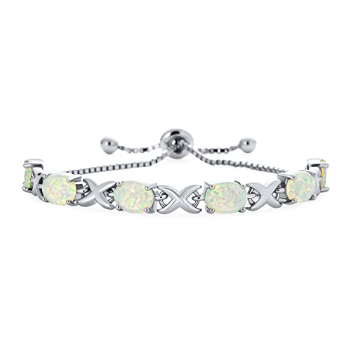 Image of Bling Jewelry Gemstone Iridescent Oval Figure 8 & White Created Opal Tennis Infinity Bolo Bracelet For Women .925 Sterling Silver Rhodium Plated Adjustable Slide 7 Inch