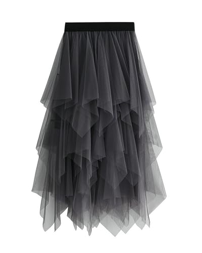Tulle Skirts for Women 3 Layered High Low Asymmetrical Midi Length Elastic Waist Mesh Tutu Skirt (Grey)