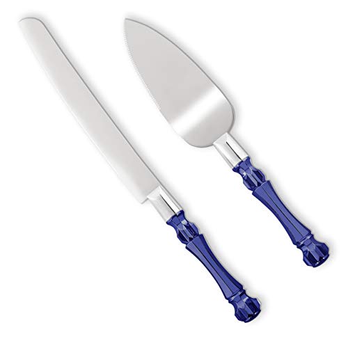 Cake Knife and Server Set, Cake Cutter and Pie Spatula, Cake Server and Knife Set with Acrylic Crystal Handles, Cake Cutting Set for Wedding Cake â€“ 1.2mm Thick Blades, Birthdays, and Parties (Blue)