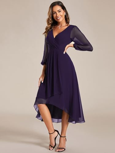 Image of Ever-Pretty Women's Chiffon V Neck Long Sleeves A-Line Midi Length Wedding Guest Dress Cocktail Party Formal Dresses 01926