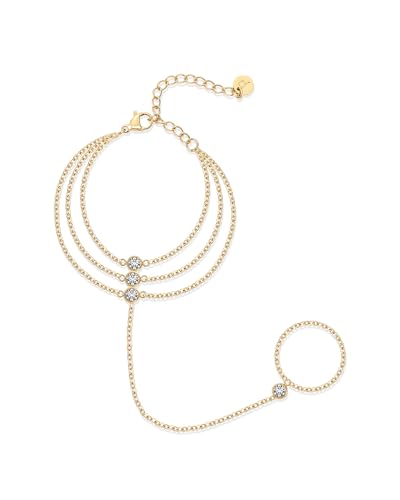 PAVOI Waterproof Layered Hand Chain Bracelet for Women - 14K Yellow Gold Plated Stainless Steel Loop Chain Dainty Gold Bracelets with Cubic Zirconia - Adjustable Trendy Summer Love Fashion Jewelry - Yellow