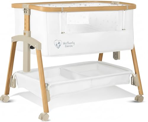Image of Motherly Haven Baby Bassinet Bedside Sleeper, Portable Crib for Newborns, Adjustable 7-Height Auto-Lock, with Wheels, Soft Mattress & Breathable Mesh