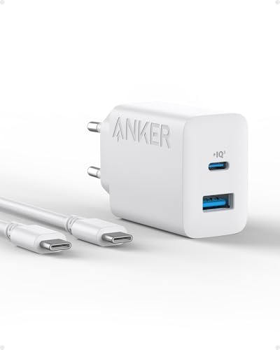 Anker 20 W höghastighetsladdare med 2 portar och USB-C-laddning för iPhone 15/iPhone 15 Plus/iPhone 15 Pro/iPhone 15 Pro Max/iPad och mer (1,5 m USB C-kabel ingår)