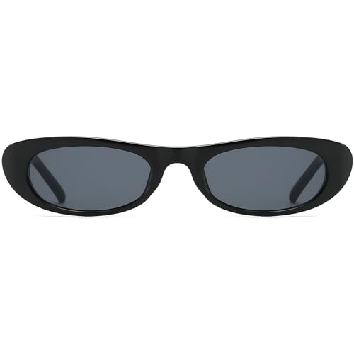 Elongated Narrow Cat Eye Sunglasses for Women 90s Retro Womens Oval Sunglasses Fashion Small Black Shades