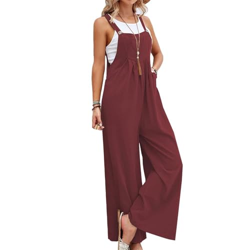 Image of Kubbon Womens Wide Leg Jumpsuits Sleeveless Straps Bib Overalls Summer Baggy Casual Pants Rompers Overalls with Pockets