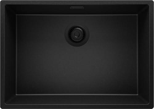 PRIMAGRAN Fregadero bajo Encimera Todo Negro 66x47cm, Cocina 1 Seno + Sifón, Granito al mueble 70cm - London S280