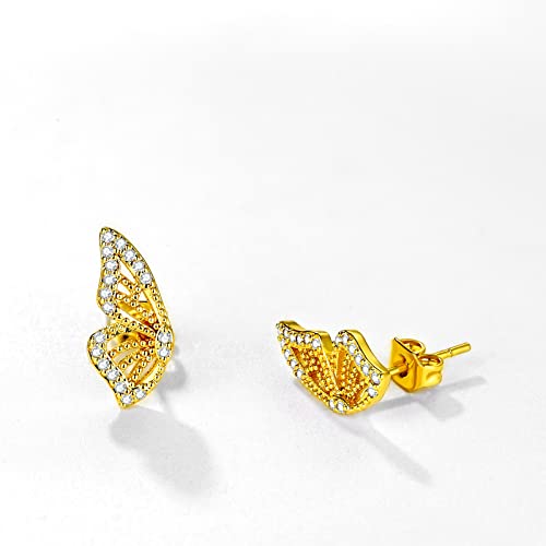 Luxval Butterfly Wing Earrings (A Pair), 18K Gold Plated Cz Butterfly Studs, Half Butterfly Studs, Sparkly Butterfly Earrings, Tiny Cartilage Earring For Women #TOP2