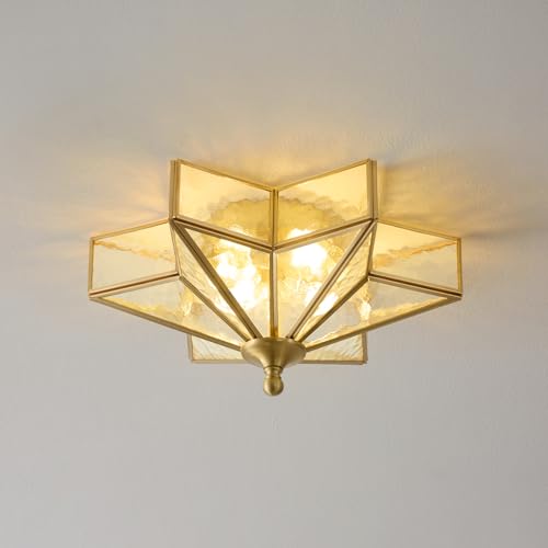 Image of Star Brass Ceiling Light - 12.2 In Small Gold Hammered Glass Flush Mount