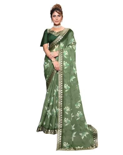 Sari de georgette KULIA con encaje de alta costura y exclusivo diseño étnico fuego