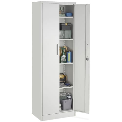 tectake® Armoire à dossiers 60x40x180.5 cm, Portes à Fermeture magnétique verrouillables, 4 étagères réglables, Armoire de Bureau en Acier thermolaqué, Meuble de Rangement Dossiers, Classeurs - Gris