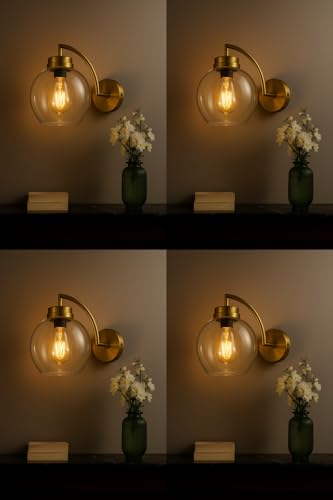 Image of Simple Curved Glass Globe Glass Wall Lamp | Wall Lamp with Metal Frame | Decorative Lighting Fixture for Living Room, Bedroom, Hallway,(Pack of 4)