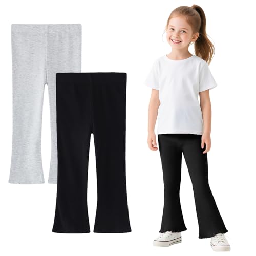 Baogaier Leggings para niñas Elásticos Pantalones Largos Acampanados, Pack de 2, Transpirable Suaves Algodón Bootcut Mallas Leggins Ropa Escolar Deportiva para 4 5 Años, Negro Gris