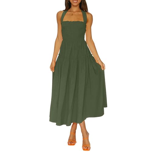 Robe mi-longue smockée d'été bohème sans manches col licou