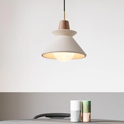 MIXL-10 Inches White Cement Pendant Light with Wood,Adjustable Height Cone Hanging Lamp,Art Deco Kitchen Island Lighting,Modern Pendant Lamp for Bedroom Living Room and Dining Room