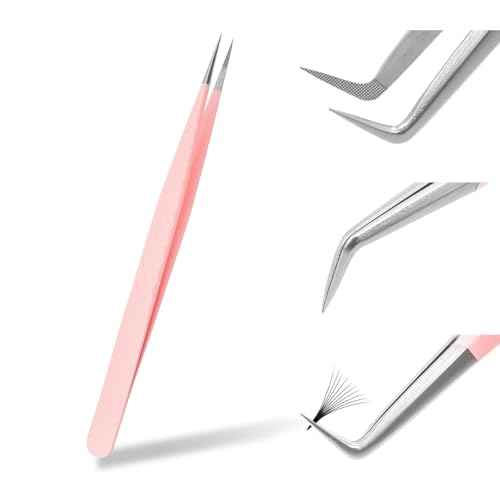 Independent Tweezers Eyelash Extension Pink Stainless Steel Curved Tip Professional Eyelash Tweezers Striped FADVAN(Straight Shape)