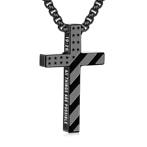 Lydow Cross Necklace for Men Boys Black American Flag Bible Verse Stainless Steel Pendant Religious Christian Jewelry Gifts Teen Son Him 8-12 Confirmation First Communion Baptism Catholic 19:26