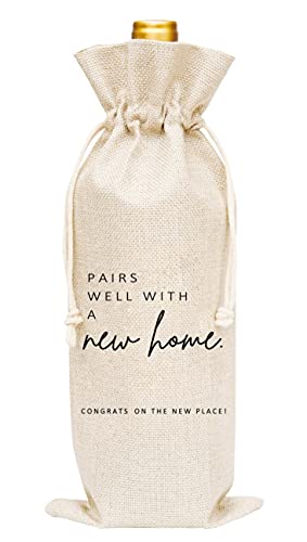 Bolsas de regalo de inauguración de la casa, bolsa de arpillera para botella de vino para amigos, regalo de cliente de agentes inmobiliarios, 1 bolsa de vino (A47)