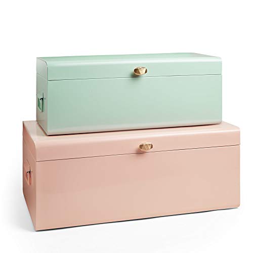 Beautify Set de 2 Coffres Malles de Organisation Rangement en Métal pour Décoration de Chambre, Salon, Dressing et Vestibule - Vert Menthe et Rose Pastel Poignées Frontales Couleur Champagne