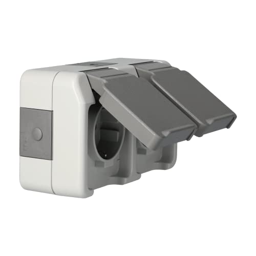 Schneider Electric Merten Schuko-Steckdose mit Klappdeckel, 2-fach, Aufputz, waagerecht angeordnet, IP44, Aquastar, lichtgrau, Artikelnummer MEG2321-8029