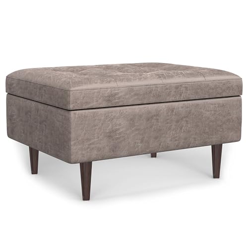 SIMPLIHOME Shay 34 inch Wide Mid Century Modern Small Rectangle Coffee Table Storage Ottoman in Distressed Grey Taupe Vegan Faux Leather, Assembled, for The Living Room and Entryway