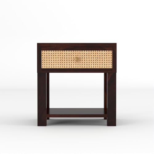 Image of Solid Sheesham Wood Bedside Table with Cane Rattan Drawer & Open Storage Shelf | Wooden Nightstand for Bedroom, Living Room & Guest Room (Walnut Finish)
