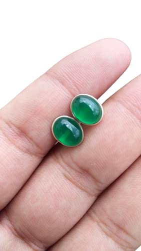 Natural Green Onyx 925 Sterling Silver Post With Friction Back Studs Earrings for Women Teen Girls 7x9 MM Oval Gemstone May Birthstone Jewelry