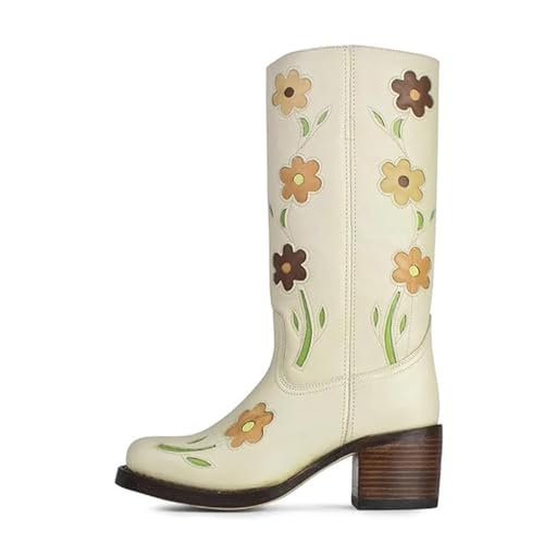 MAVMAX Floral Cowboy Boots for Women Flower Knee High Wide Calf Stacked Chunky Heel Boots Trendy Stylish Flower Booties