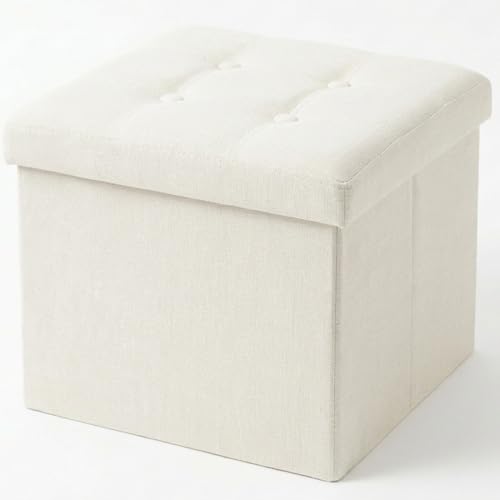 edihome, Puff Almacenaje Plegable, (38 x 38 x 38 cm), Baul, Otomana con Tapa – Banco de Tela Organizador y Asiento para Dormitorio y Pie de Cama (Blanco Marfil, 38 x 38 x 38 cm)