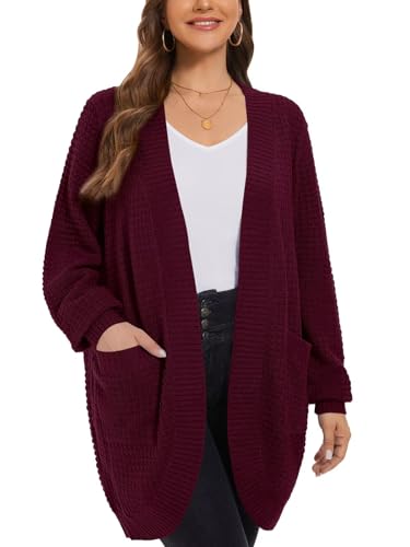 Image of LARACE Long Cardigans for Women Plus Size Tops Open Front Sweaters with Pockets Waffle Ribbed Sleeve Loose Fall Outwear