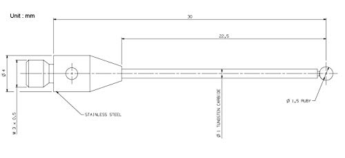 Image of CMM Touch Probe Stylus M3 Thread Shank 1.5mm Diameter Ruby Ball Tip 30mm Length A-5003-0051