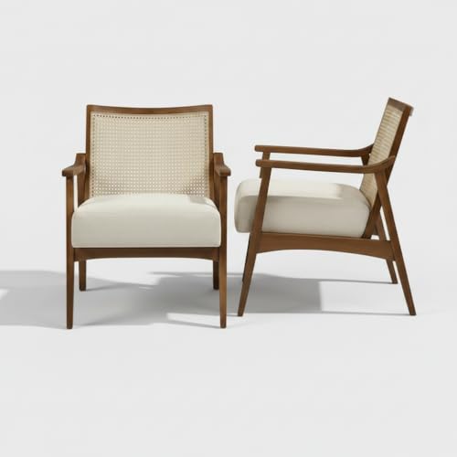 Image of APRODZ Mango Wood Arm Chair for Living Room with Cane Back & Wooden Armrest | Solid Wood Chair for Home Use Bedroom Dining Drawing Room and Balcony | Solid Wood Accent Chair, Brown Finish