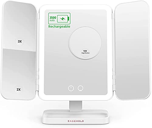 EASEHOLD Espejo de maquillaje con luz LED, recargable, 3 modos de iluminación de color ajustable con 1x/2x/3x aumento de 180 y 90 grados de rotación para encimera, aumentos cosméticos trifold - blanco Cover
