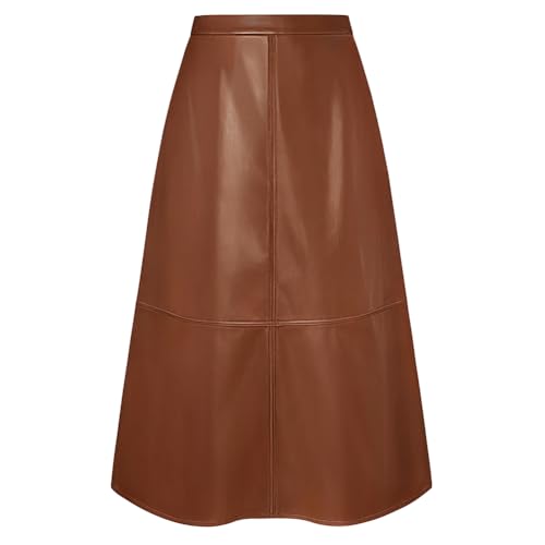 Kate Kasin Damen Lederrock High Waist Faux Leder Rock PU Midi Röcke A-Linie Winterrock Verdicktem Warm Elegant Braun XXL
