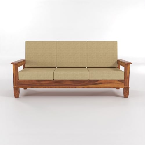Image of Sheesham Wooden 5 Seater Sofa Set for Living Room | Rosewood Cushion Sofa with Side Newspaper Holder for Home & Office | Solid Wood Sofa Set for Lounge (Honey, 3+1+1 Seater)