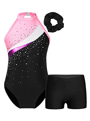 CHICTRY Kids Girls Sleeveless Gymnastics Leotard Ballet Dance Biketard with Shorts Hair Band Set Dancewear Swimsuit Swimwear Black&Pink 11-12 Years