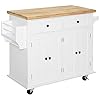 Homcom kitchen island on wheels rolling cart with rubberwood top spice rack towel rack and drawers for dining room white  urban country home decor