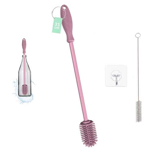 YEibi Cepillo Limpiador de Botellas por Dentro 31cm + Paja Fina + Gancho, Limpia Biberones, Material de Silicona para Botellas, Vasos, Termos