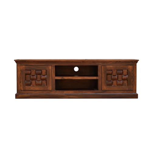 Image of Sheesham Wood TV Stand and Shelf Storage Entertainment Unit Center Console TV Table Wooden Tv Cabinet for Living Room Home (Natural Brown Finish)