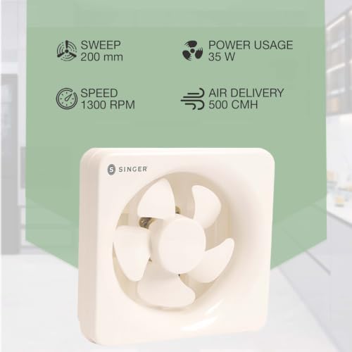Image of SINGER Fresho N 200mm Energy Efficient Exhaust fan for Kitchen, Bathroom | Turbo Spin 1300 RPM, High Suction With Low Noise | High Speed, Powerful Motor, 100% Copper, 2 Yrs Warranty【White】