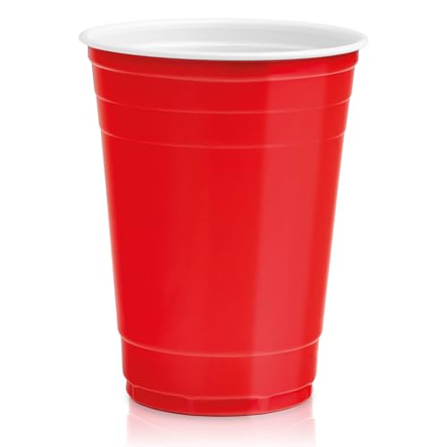 Maxi Products - 100 Copo de plástico bicolor reutilizável vermelho-branco - 450 cc - copos recicláveis - canecas americanas - conjunto cerveja - festas, celebrações - BEER PONG