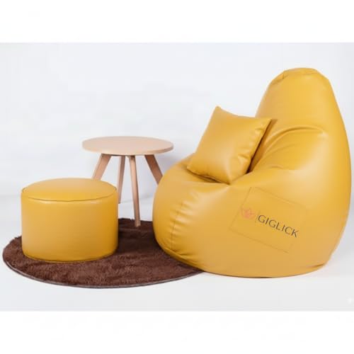 Image of 4XL Bean Bag Cover with Foot Stool & Cushion Cover | Premium PVC Leatherette | Double Stitched | 6 Months Warranty (Beans Required) Color- (Yellow)