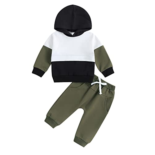 Baby Boy Winter Clothes Long Sleeve Color Block Hoodie Sweatshirt Top Drawstring Pants Sweatsuit Toddler Boys Outfit (B Green, 2-3 Years)