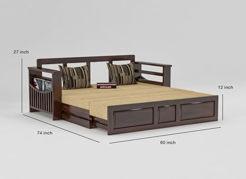 Image of Solid Sheesham Wooden Sofa Cums Bed with Mattresses for Living Room|Rosewood 3-Person Sofa Cums Bed for Bedroom Without Pillow (G-Walnut Finish)