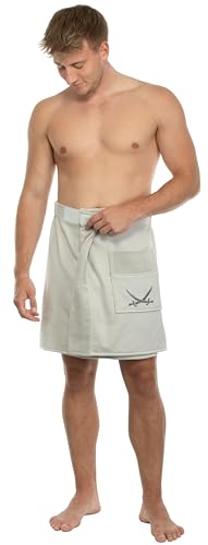 Sansibar Herren Saunakilt Saunasarong S-XXL mit Klettverschluss, Gummizug und Tasche mit gesticktem Säbel Logo 100% Baumwolle Silber/Hellgrau
