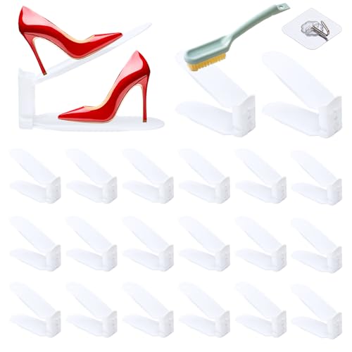 TOSUTO Organizadores de Zapatos,20pcs Soporte de Calzado de Altura Ajustable,Zapatero Simple,ranuras para zapatos,Adecuada para Mujeres y Hombres,3 Alturas para Todo Zapatos,Ahorra Espacio(Blanco)