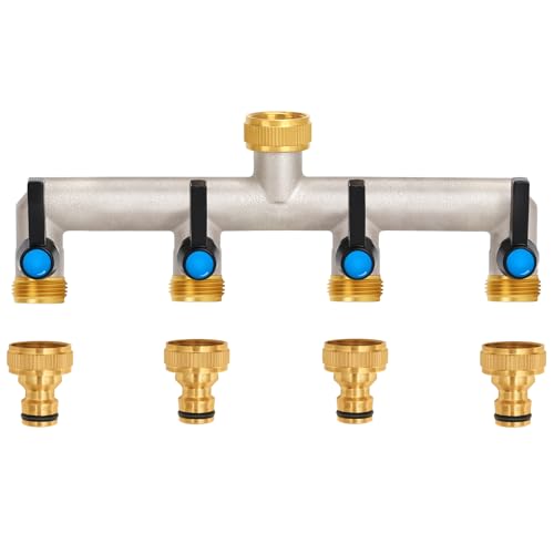OPERMAXER 4-Wege Wasserhahn Wasserverteiler, Verlängerter Griff, 3/4 Zoll Messing Wasseranschluss Verteiler mit individuellem Absperrhähnen，4er Verteiler 3/4' Adapter 1/2' für Geräte/Gartenschläuche