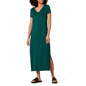Amazon Essentials Robe mi-Longue en Jersey à Manches Courtes et col en V Femme, Vert Foncé, XL