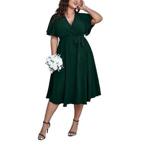 SCOMCHIC Womens Plus Size Wedding Guest Cocktail Midi Dress Summer Short Sleeve Wrap V Neck Belted A-Line Flowy Dress Cover