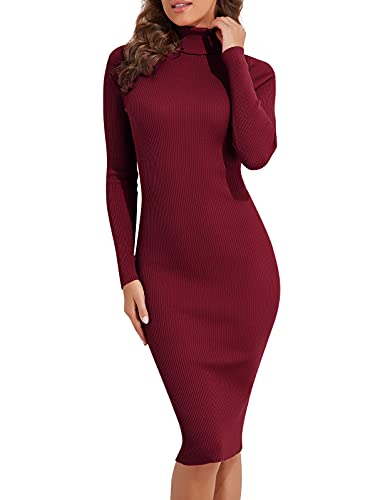kayamiya Women's Turtleneck Knit Midi Sweater Dress Long Sleeve Bodycon Ribbed Fall Dress Burgundy M